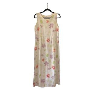 Multi Color Vintage Floral Sleeveless Linen Maxi Dress‎ Pullover Summer SZ 8